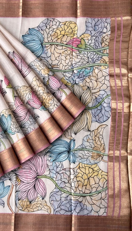 Jute Tissue Silk Saree With Floral Print and Contrast Border- Light Pink