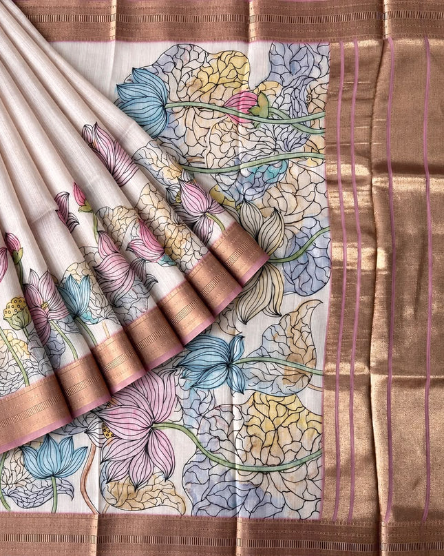 Jute Tissue Silk Saree With Floral Print and Contrast Border- Light Pink
