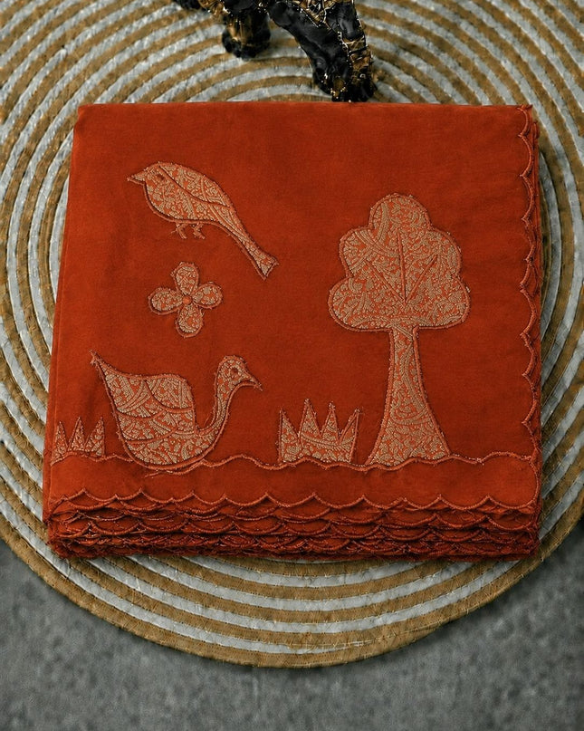Soft Orznga Saree with Applique work with Scallop Border -Rust
