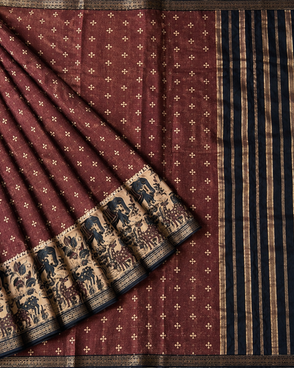 Munga Silk Saree With Floral Print and Kalmkari Border - Light Purple