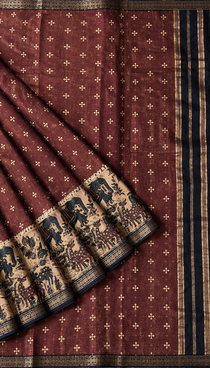Munga Silk Saree With Floral Print and Kalmkari Border - Light Purple