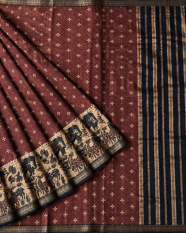 Munga Silk Saree With Floral Print and Kalmkari Border - Light Purple