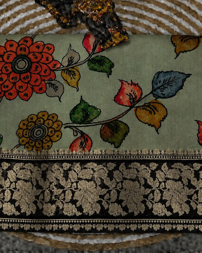 Chanderi Saree with  Floral Print Contrast Border - Green &  Black