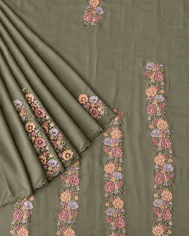 Georgette Saree with Cut Work and Scallop Border -  Pista Green