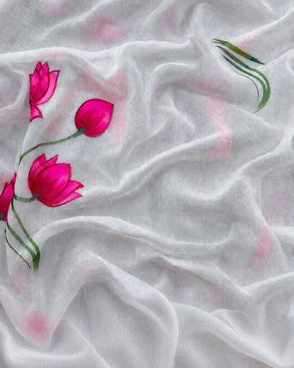 Mul cotton saree and Hand Painting with Tassels-  White