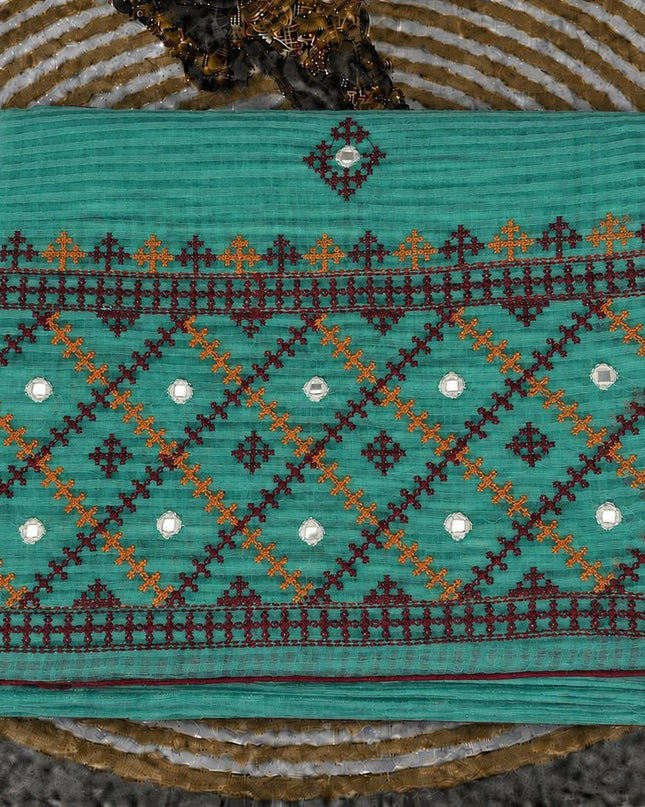 Kota Cotton Saree With Cross Stich Work With Mirror work and piping Border - Rama Green