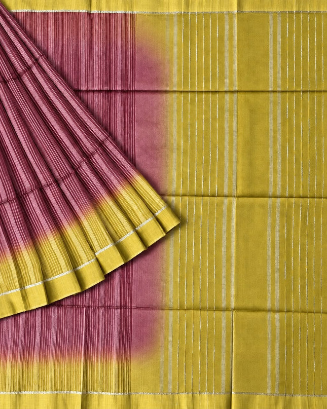 Chanderi Saree with Self Weaving  Lines contrast Border - Pink
