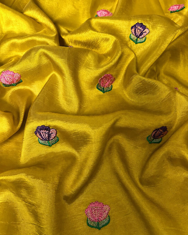 Dupion Saree with Thread Work and Scallop  Kora Border - Mustard