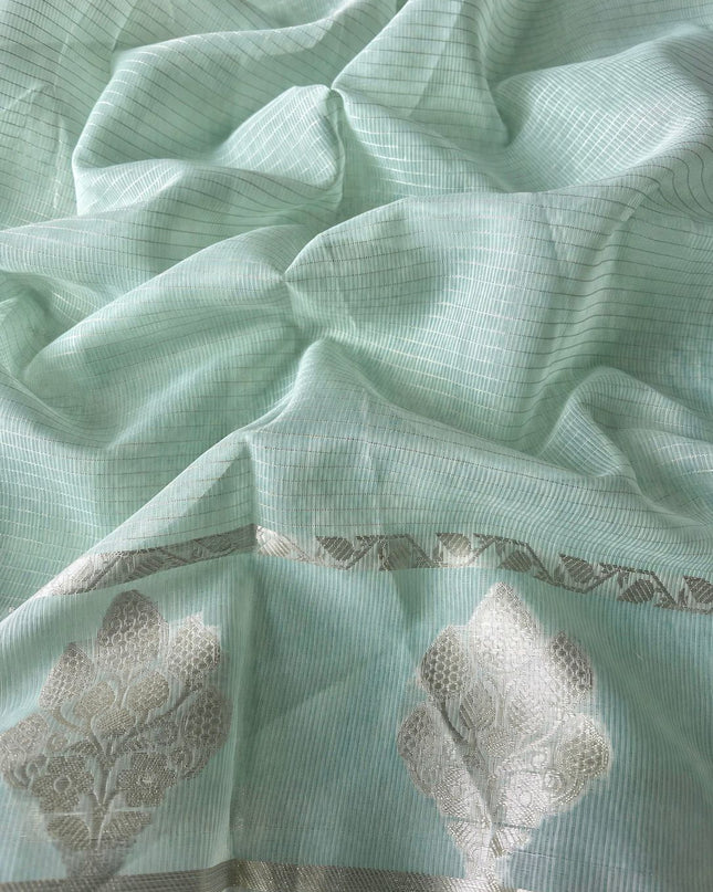 Kora Kota Saree with Applique work and Gap Border -  Sage Green