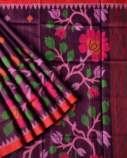 Tusser Jamdani Saree Weaving Butties  With Contrast Border- Purple