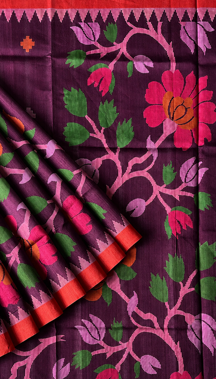 Tusser Jamdani Saree Weaving Butties  With Contrast Border- Purple