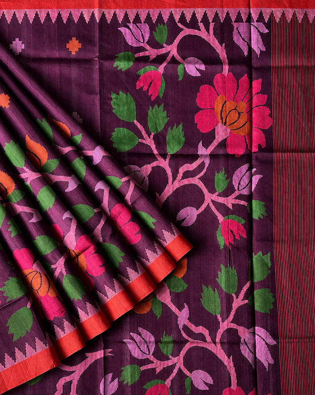 Tusser Jamdani Saree Weaving Butties  With Contrast Border- Purple