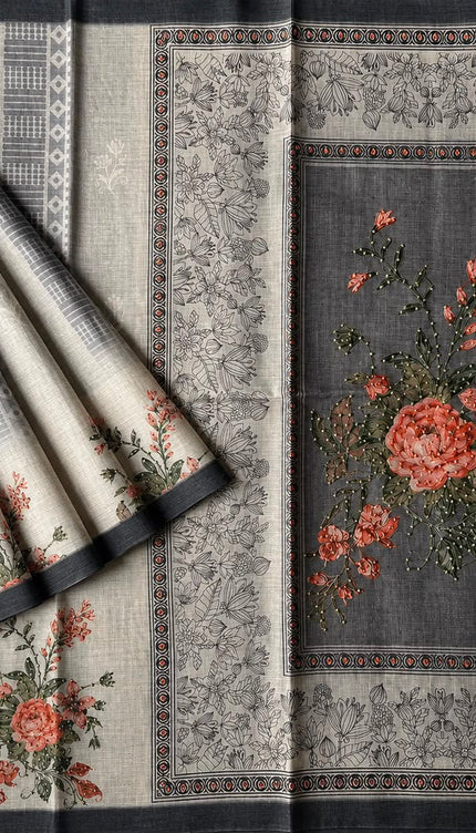Kota Silk Saree with French Knot Work and Contrast Border  - Grey