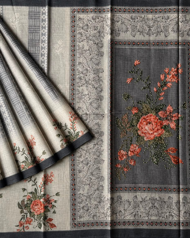 Kota Silk Saree with French Knot Work and Contrast Border  - Grey