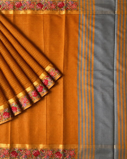 Linen Tissue Saree with Multi Stripes and Pichwai Border - Brown
