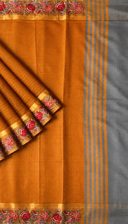 Linen Tissue Saree with Multi Stripes and Pichwai Border - Brown