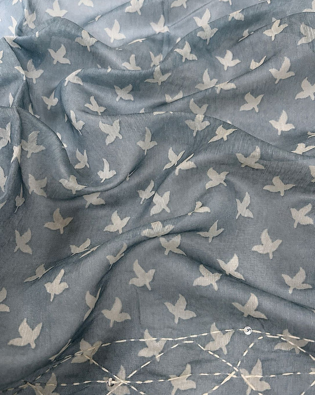 Chanderi Saree With Floral and Kantha Work and  Contrast Border- Off White & Grey