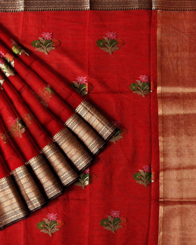 Kota Silk Saree with All over Thread Weaving Flower Butties and Golden Border - Red