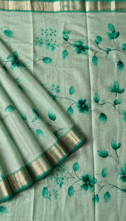 Munga Silk Saree With Floral Print and Kaddi Border -  Rama Green