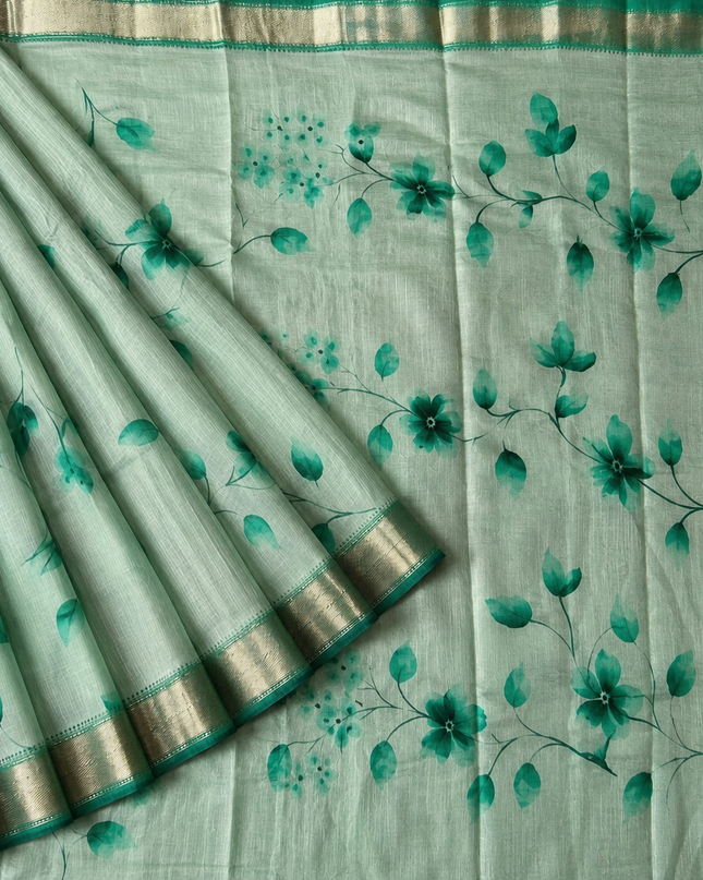 Munga Silk Saree With Floral Print and Kaddi Border -  Rama Green