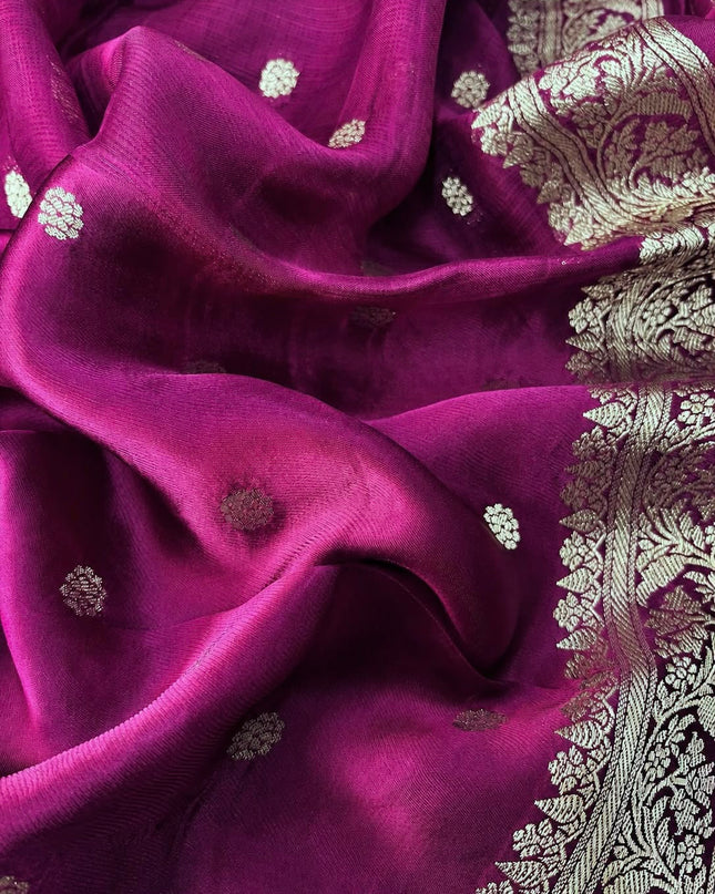 Manipuri kota  Gold and silver  Zari weaving Buttis  with Satin Border - Purple