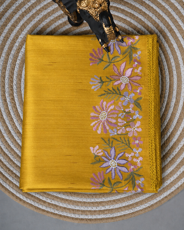 Tusser Silk Saree With Thread Embroidery Work and Lace Border - Mustard