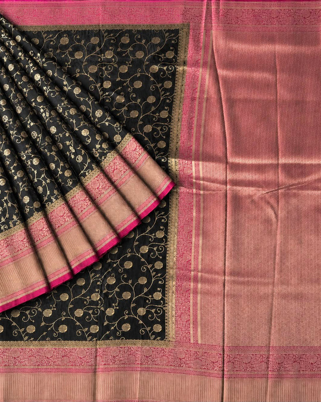 Banaras Saree With All Over Golden Zari Leaf Design and Zari Kaddi Border - Black