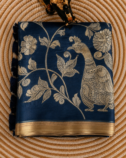 Kora Tusser kalmkari Sarree  With  Dori work and  Golden Border-  Blue