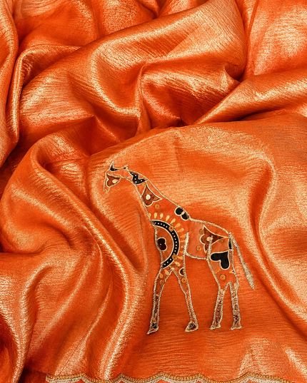 Soft  Orznga  Saree With Applique work and scallop Border- Light Orange
