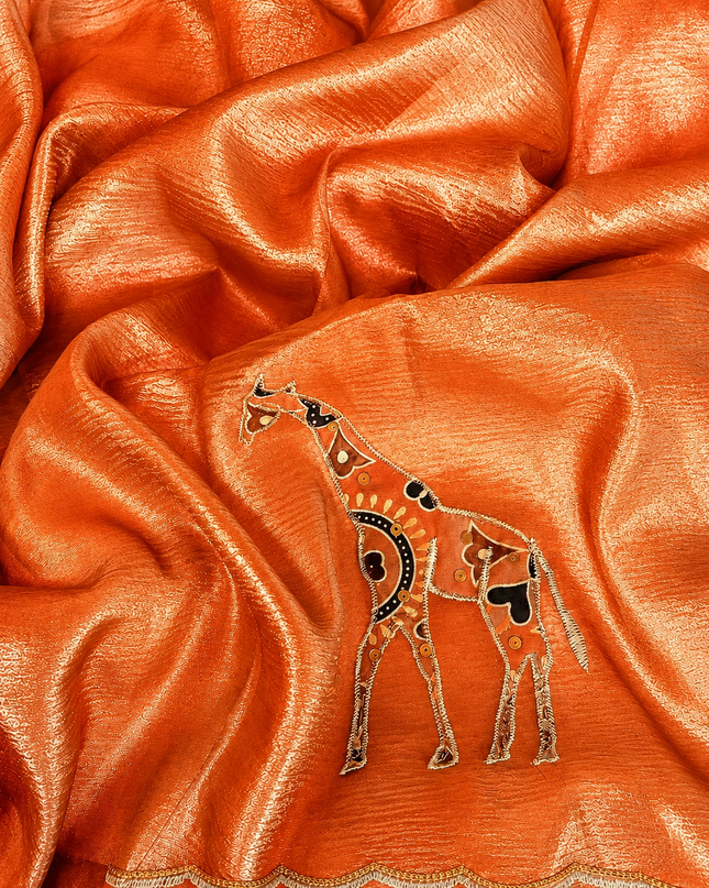 Soft  Orznga  Saree With Applique work and scallop Border- Light Orange