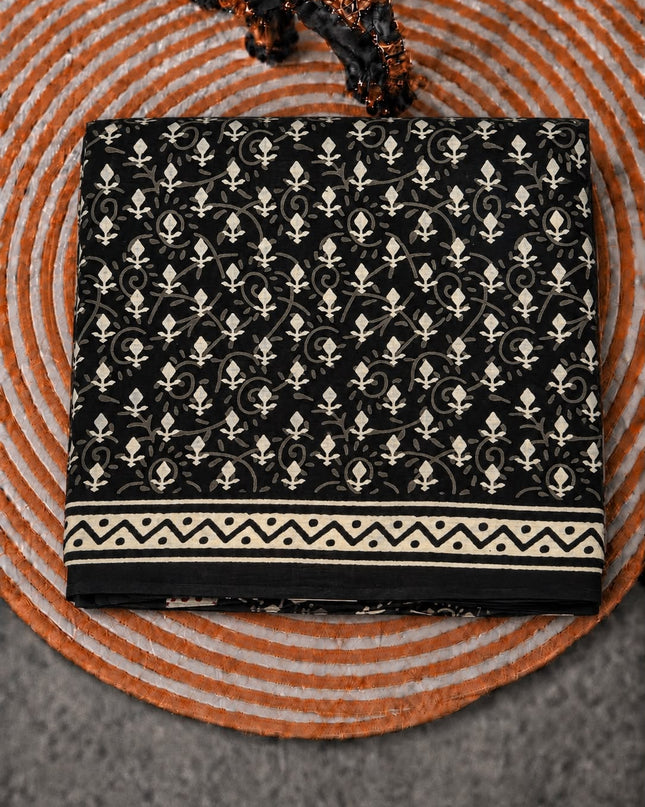 Mul Cotton Saree with  Block Printed - Black