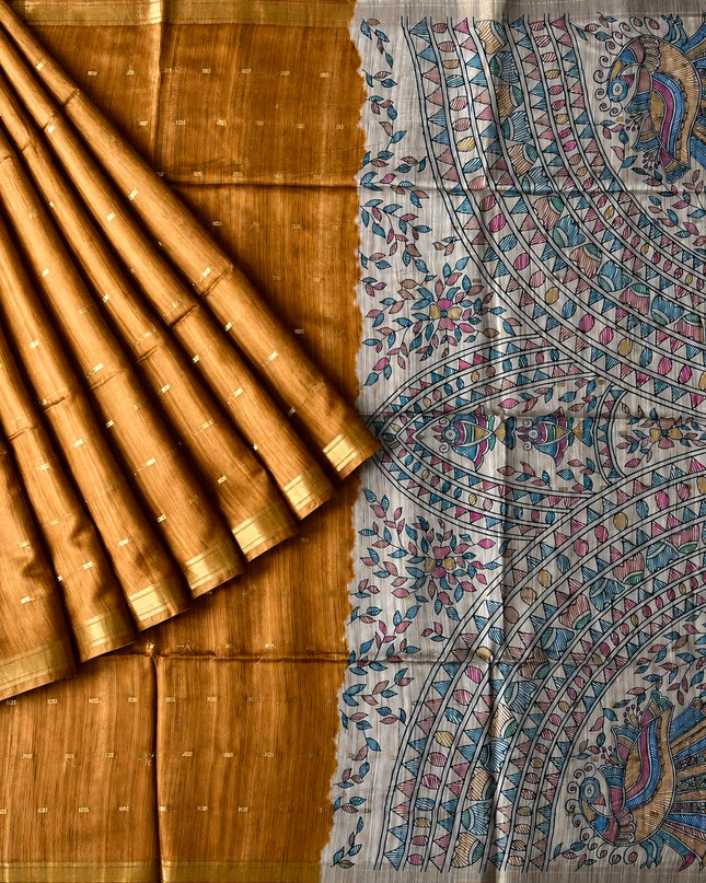 Tusser Saree With Floral Print  and small gold Buttes with and Golden Border  -Mustard