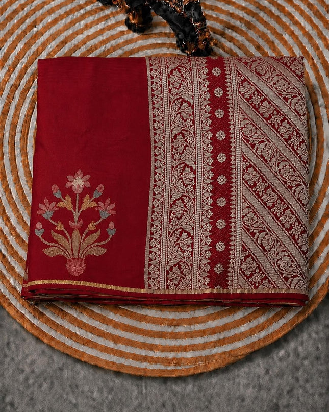 Manipuri kota  Gold and silver  Zari weaving Buttis  with Satin Border -  Maroon