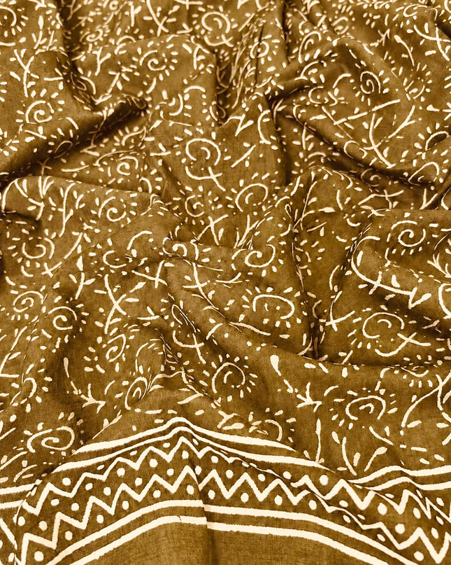 Mul Cotton Saree with  Block Printed - Mehandi Green