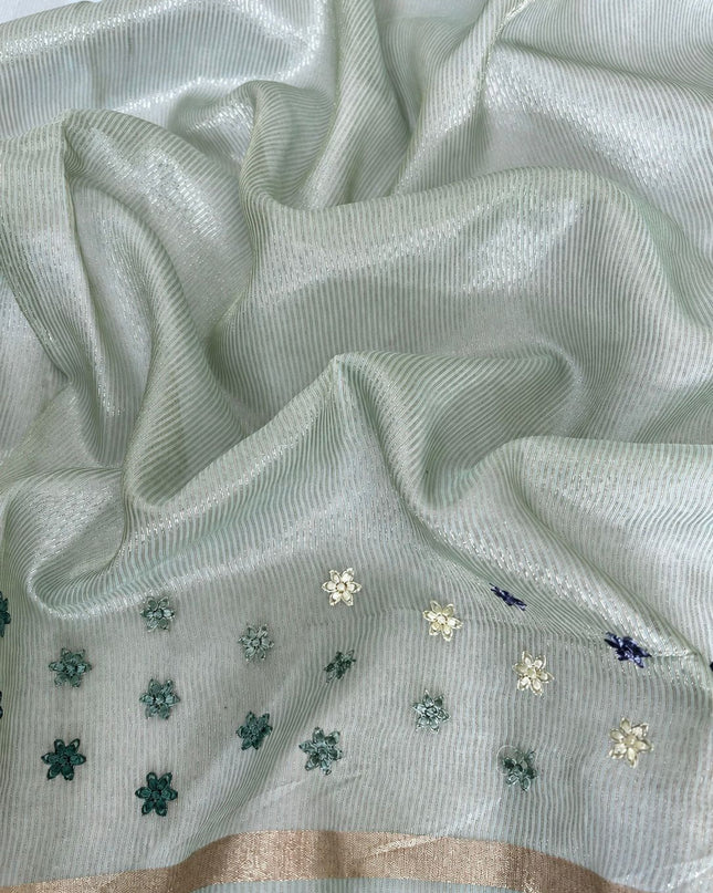 Mul  chanderi saree with thread embroidery Work and Small Border - Light Green