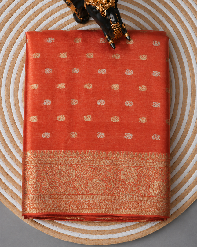 Chiffon Saree With Gold & Silver Zari Butties and Gold Zari Flower Design Border- Coral