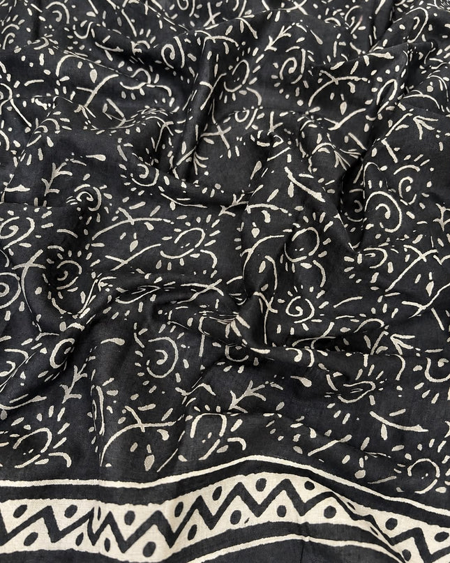 Mul Cotton Saree with  Block Printed - Black