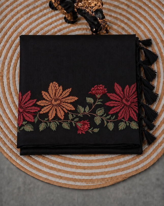 Jute Tusser Silk Saree With Cross Stich Work Border- Black