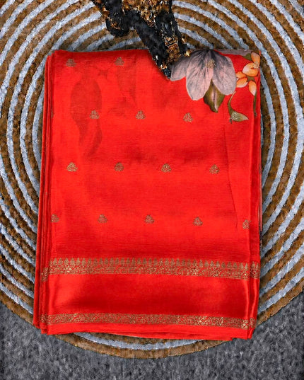 Banaras Crepe Saree with Weaving Butties and Satin Border- Orange