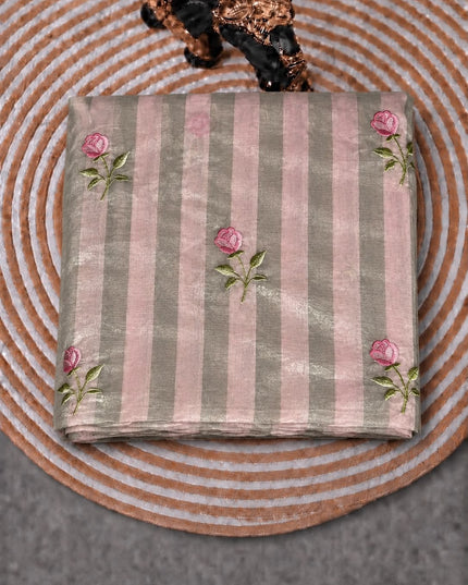 Chanderi Tissue Saree With Floral Thread Motif - Pink