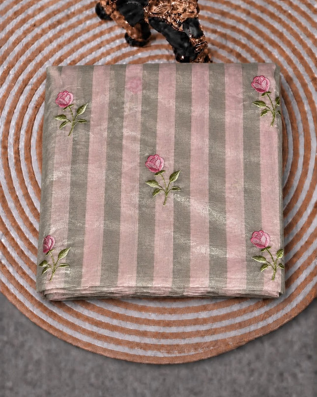 Chanderi Tissue Saree With Floral Thread Motif - Pink