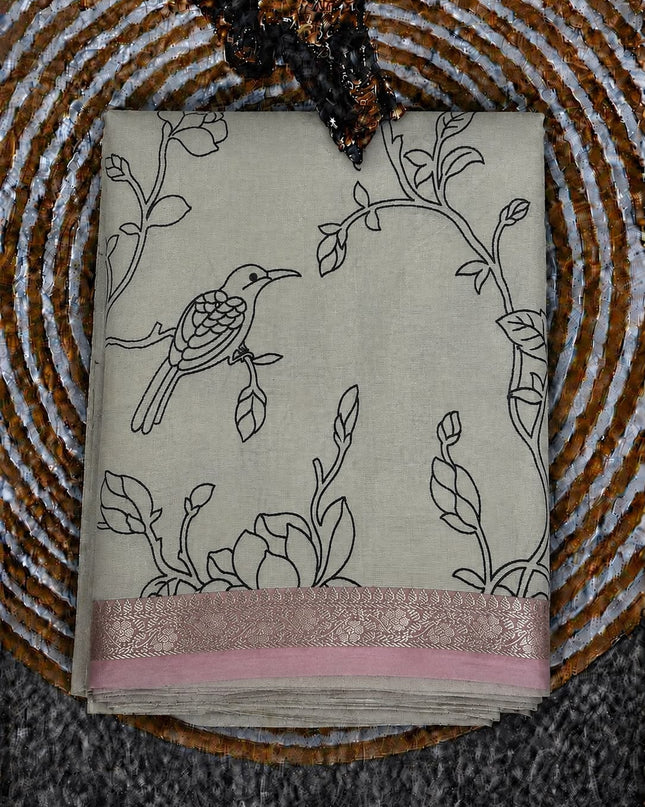Mul Tissue Saree With Floral Print Small Kanchi Border- White & Pink