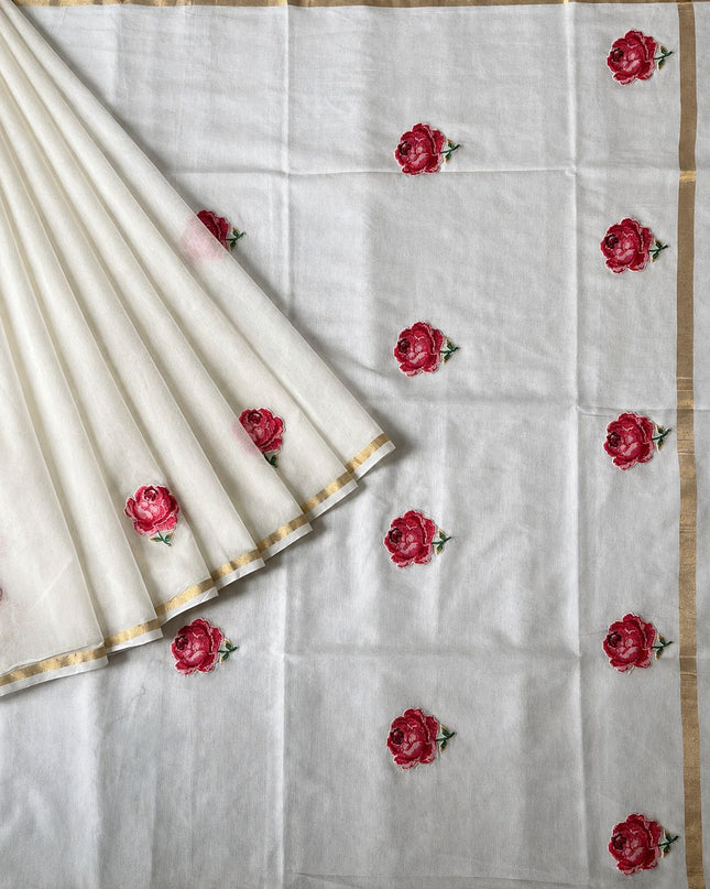 Chanderi Silk saree Pettie point and Golden Border - Off White