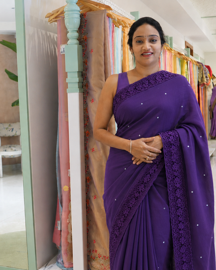 Mul  chanderi saree with Mirror Work with crosiaLace- Purple