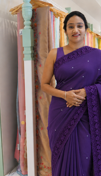Mul  chanderi saree with Mirror Work with crosiaLace- Purple