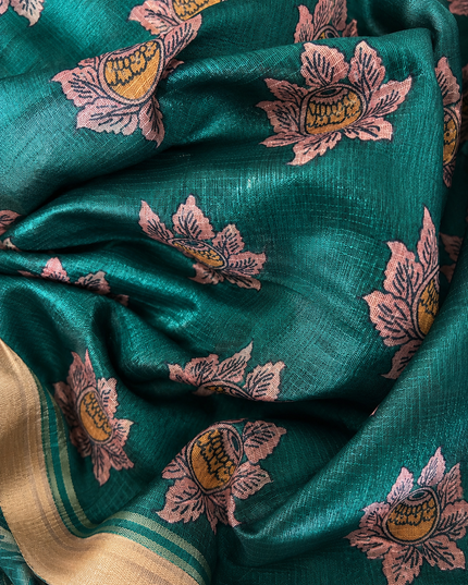 Kora Tusser kalmkari Sarree  With  Dori work and  Golden Border-  Bottle Green