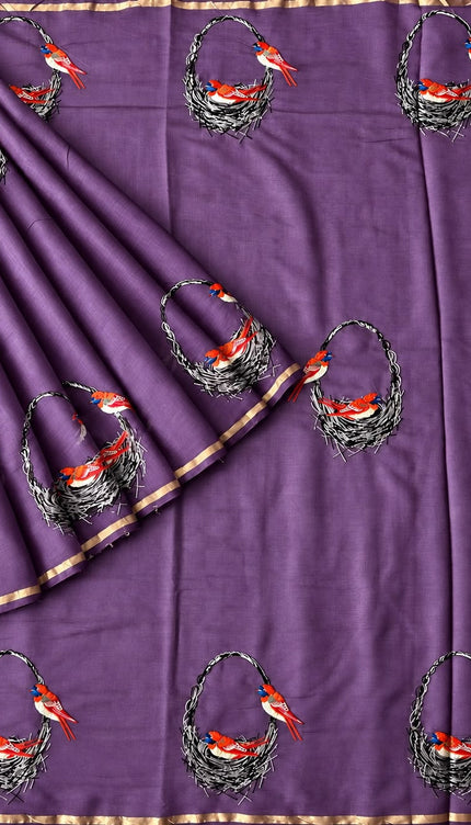 Mul Chanderi saree with thread embroidery Work and Small Border -Purple
