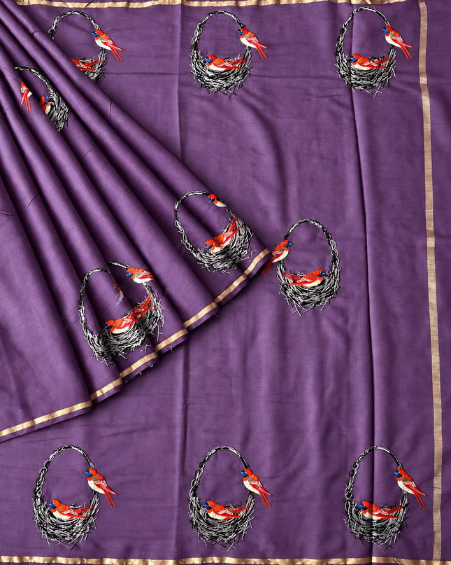 Mul Chanderi saree with thread embroidery Work and Small Border -Purple