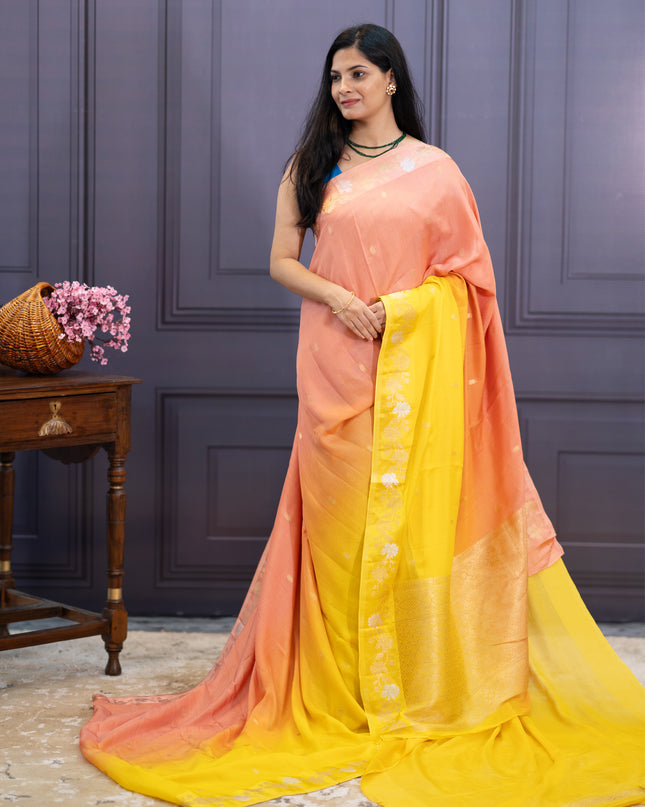 Satin Kota  Golden Zari weaving Buttis  with Banaras Border - Light Yellow