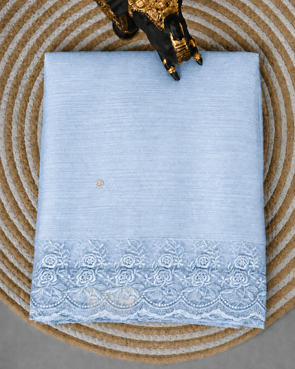 Malai Chanderi Saree with Allover small mirror work and  Thread Embroidery  Scallop Border  - Light Blue